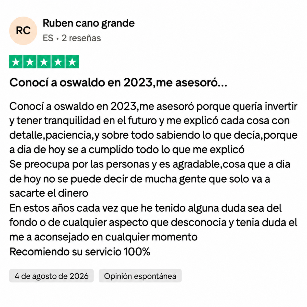 Opinión de cliente sobre Oswaldo Gilabert en Trustpilot