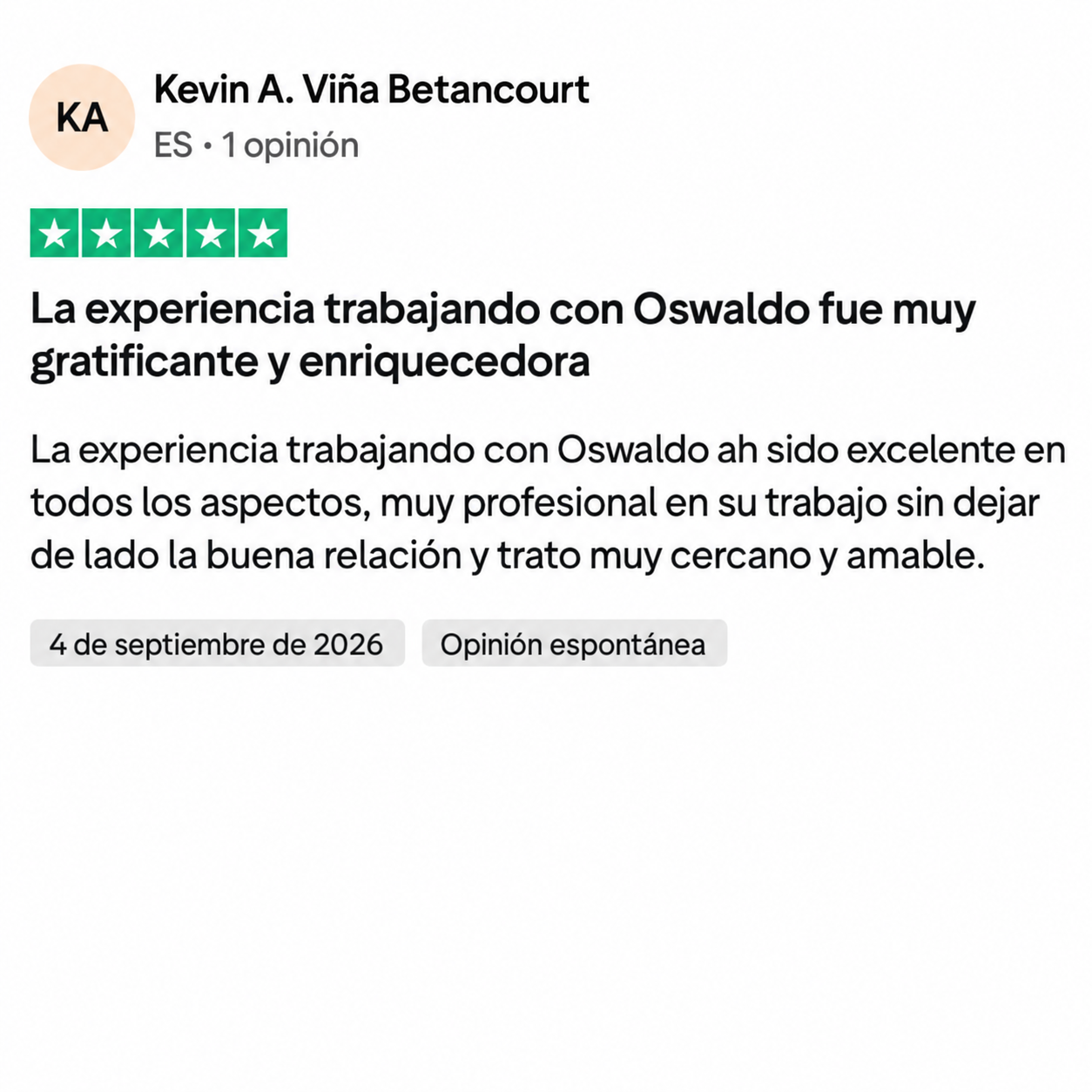 Opinión de cliente sobre Oswaldo Gilabert en Trustpilot